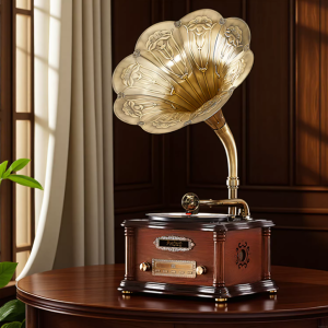 Retro living room, European and American desktop French vinyl record player, gramophone speaker